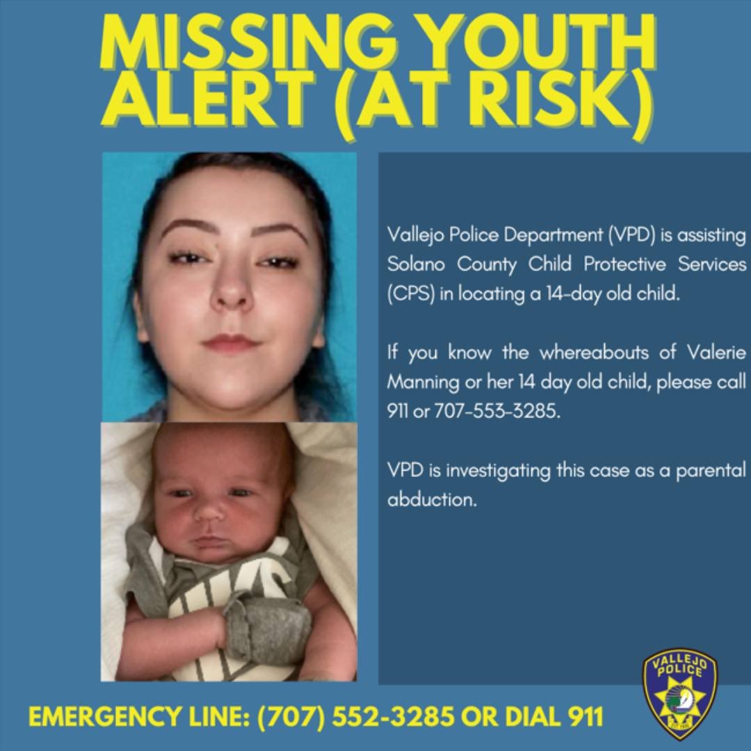 🚨 AMBER ALERT: Vallejo Police Department is assisting Solano County Child  Protective Services (CPS) in locating a 14-day old child. Last seen:  Sacramento Street and Frisbie Street, Vallejo, CA IF SEEN, CALL