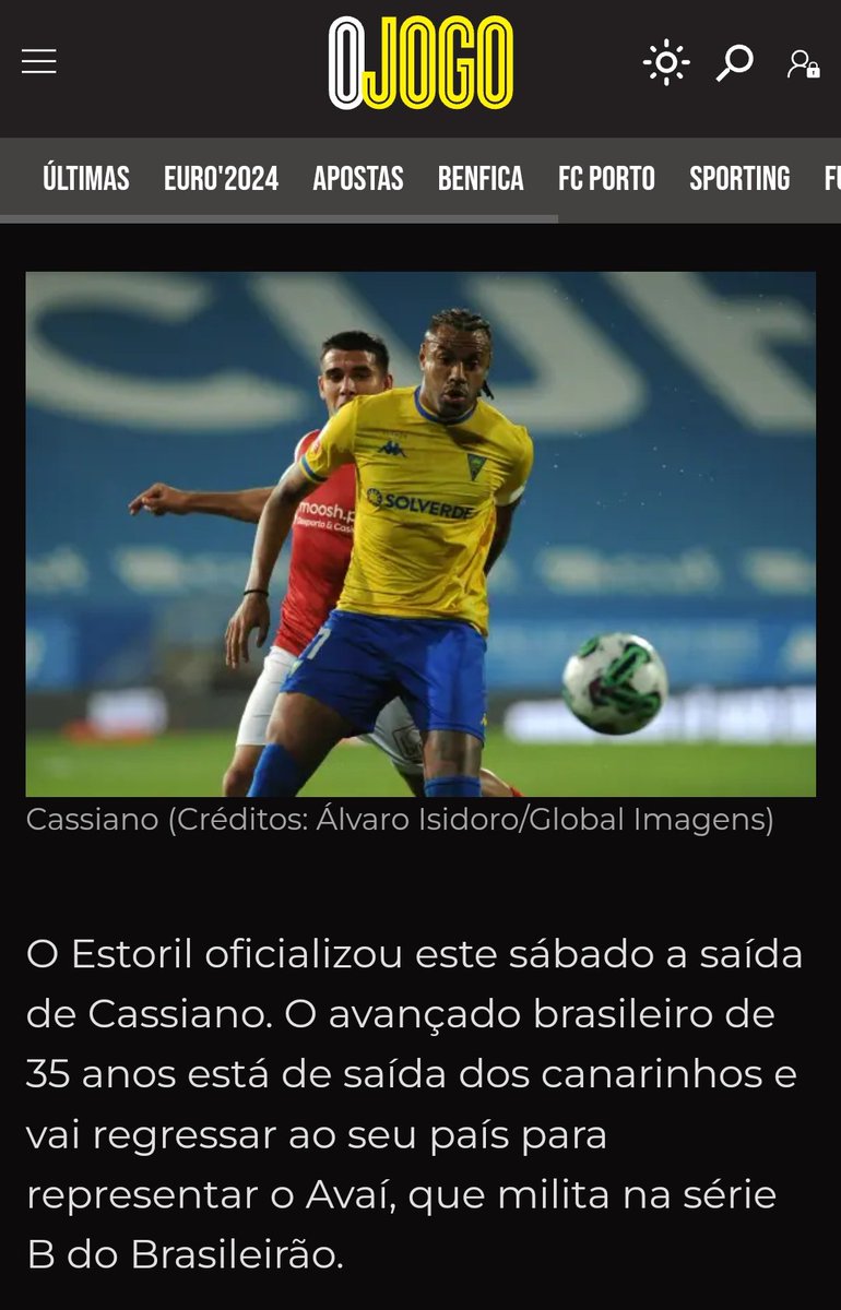Informação do <a href="/ojogo/">O Jogo</a>: atacante Cassiano (que estava nos planos do <a href="/Paysandu/">Paysandu Sport Club</a>) deixa o <a href="/estorilpraiasad/">Estoril Praia SAD</a> e vai disputar a Série B do Campeonato Brasileiro pelo <a href="/AvaiFC/">Avaí Futebol Clube</a>.