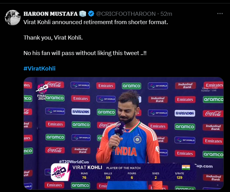 Thank you, Virat Kohli, for giving us so many incredible memories in this shortest format of the game ! 

The greatest player just retired from the T20I format.
#ViratKohli𓃵 #Virat #ViratKohli #T20WorldCup2024 #T20WorldCup