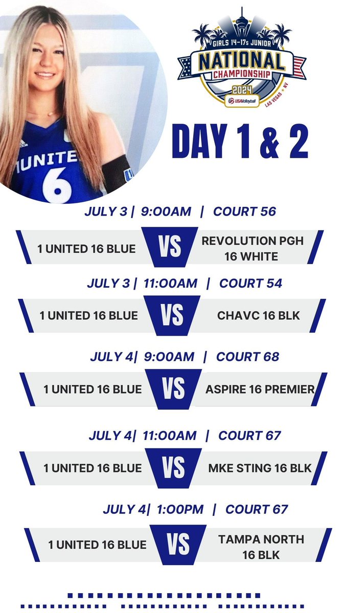 Here’s my schedule for day 1 and 2 of GJNC nationals in Vegas this week in the national division! Come catch me and my <a href="/1UnitedVBC/">1 United Volleyball</a> team play live!