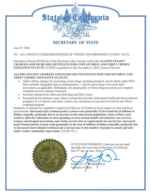Here it is, my friends. The End Prop. 47 initiative is officially certified for November's ballot. Corrupt politicians, led by Newsom, tried everything to stop us. They failed.