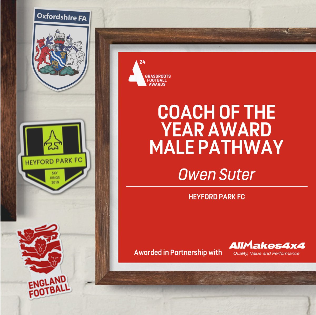 Oxfordshire FA ⚽ (@oxfordshirefa) on Twitter photo Continuing the Coach of the Year Awards, our next accolade, presented with <a href="/AllMakes4x4/">Allmakes 4x4</a>, is for the Coach of the Year - Male Pathway.
And our winner is... Owen Suter of <a href="/HeyfordParkFC/">Heyford Park FC</a> 👏
#GRFA2024 Continuing the Coach of the Year Awards, our next accolade, presented with <a href="/AllMakes4x4/">Allmakes 4x4</a>, is for the Coach of the Year - Male Pathway.
And our winner is... Owen Suter of <a href="/HeyfordParkFC/">Heyford Park FC</a> 👏
#GRFA2024