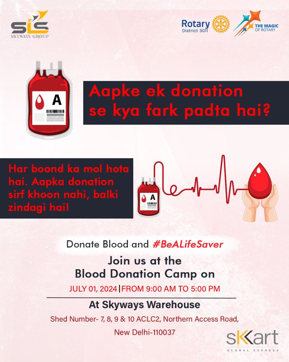 skartexpress's tweet photo. Donate blood and #BeALifeSaver.

Join us at the Blood Donation Camp on July 01, 2024, from 9:00 AM to 5:00 PM.

#BloodDonation #RotaryClub #Rotary #DonateBlood #SaveLives #BloodDrive #BloodDonationCamp #Skyways #sKart https://t.co/YBNIvuTD6S