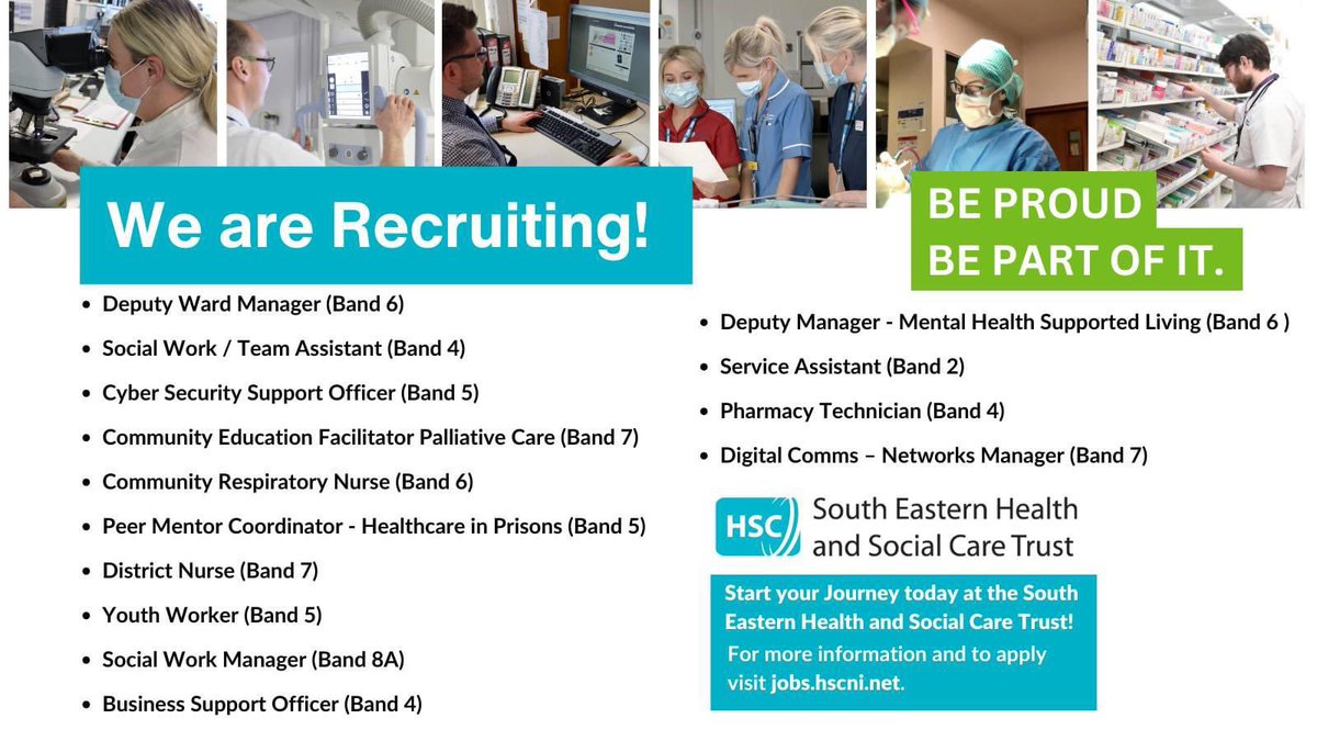 Sharon McRoberts RN (@davidson_sharon) on Twitter photo Check out our jobs this week South Eastern Trust
For all current vacancies and to apply visit: bit.ly/3OUsj1Y
If you have any queries, you can contact the recruitment team on 028 9536 2998 or email recruitment.ssc@hscni.net Check out our jobs this week South Eastern Trust
For all current vacancies and to apply visit: bit.ly/3OUsj1Y
If you have any queries, you can contact the recruitment team on 028 9536 2998 or email recruitment.ssc@hscni.net