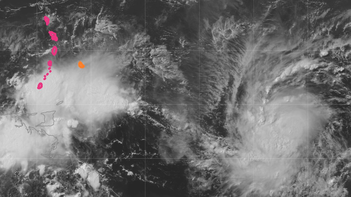TS #BERYL is closing in on Barbados (orange) &amp; Windward Islands (pink). Likely to be a decent #hurricane when it crosses the islands Monday.  Me: weighing my options. Ain't sold on any one scenario yet—&amp; there are many. There always are with Caribbean Cruisers. The trick with