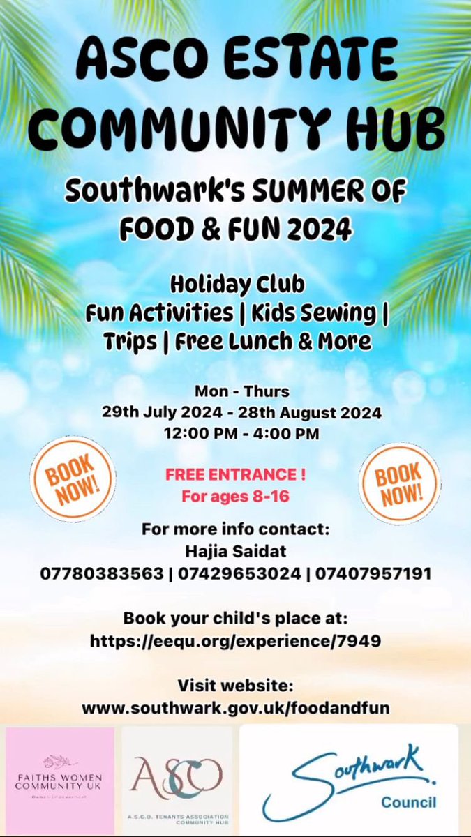 Join us at ASCO Estate for summer food and fun engaging activities during the  holiday We have  a range of free healthy activities for families and children,various multi-sport activities games ,  children aged 8 and above.  visit eequ.org/southwarkfooda… to book a place.