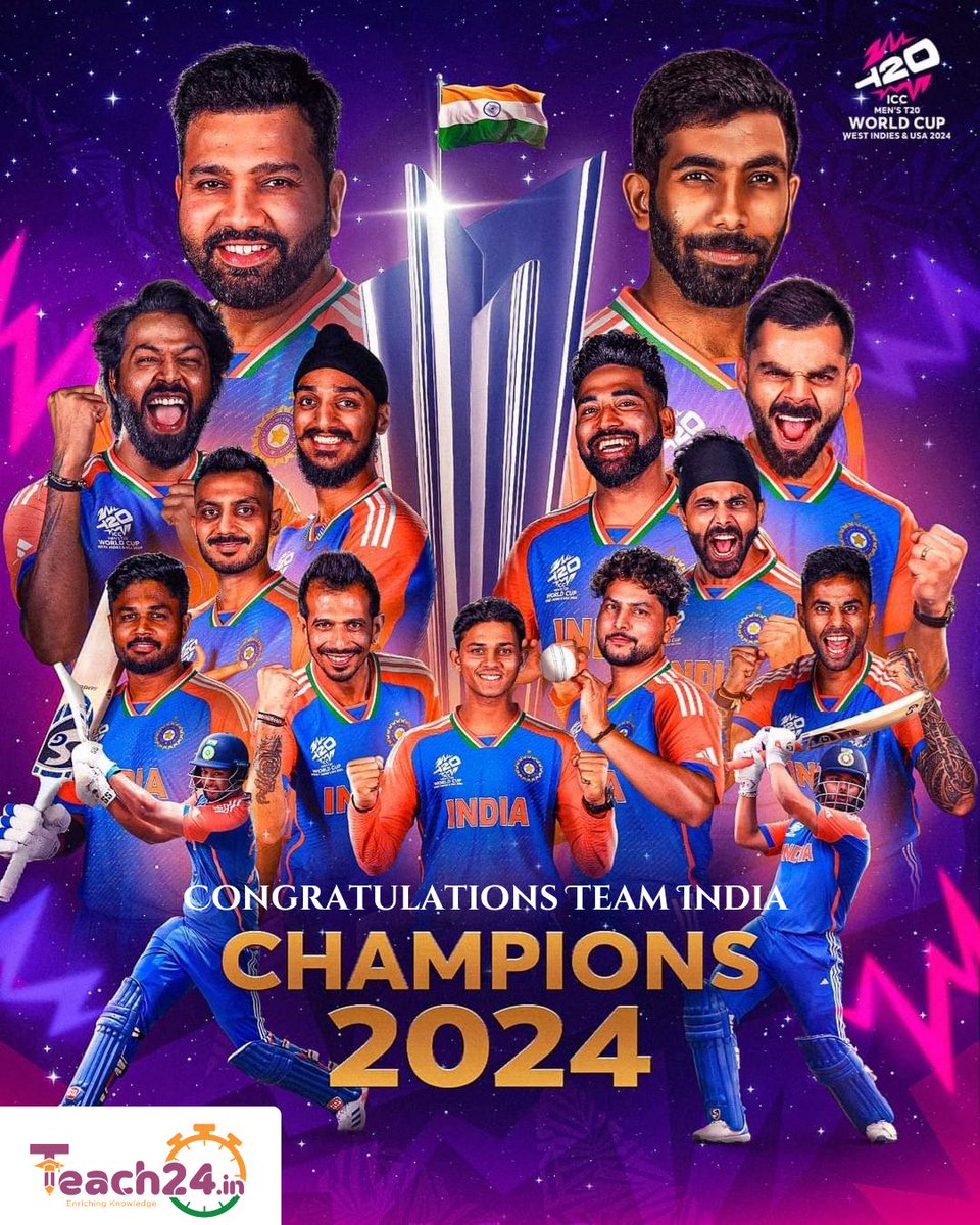 Teach24in's tweet photo. Congratulations 💐💐💐 Team India
You made it!
#T20WorldCup #T20WorldCup2024 #T20WorldCupFinal #T20WorldCup2024Final #T20WoldCup #T20WorldCupFinal2024 #indiawins #INDvsSA2024 #ViratKohli𓃵 #RohitShamra #JaspritBumrah #ArshadeepSingh #hardik #AxarPatel #surya!

Thank you all♥️♥️♥️ https://t.co/dJKje9ptS6