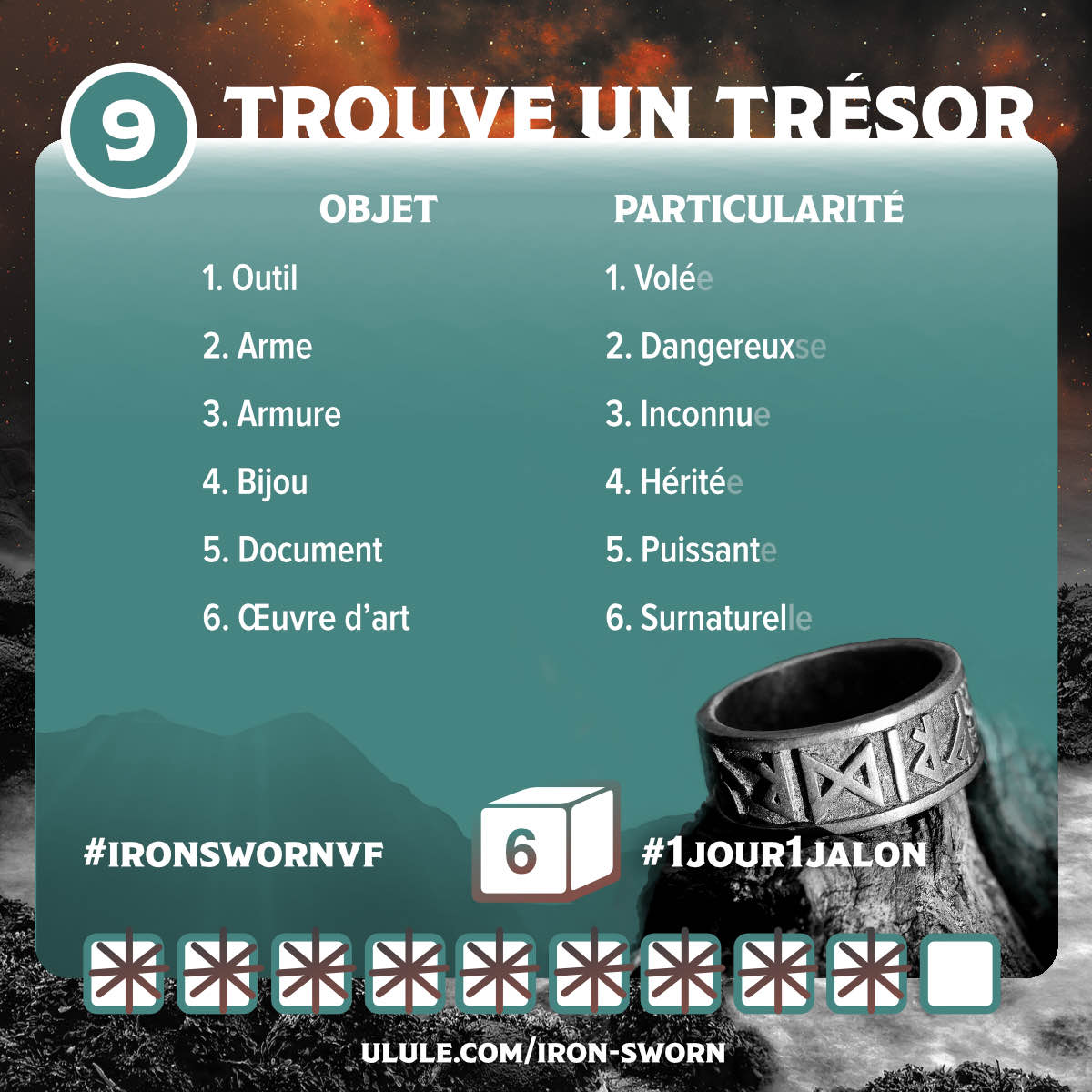 Jalon 9 - Trouve un trésor. Quel objet fabuleux as-tu déniché durant tes quêtes ? Artéfact magique, épée maudite, technologie alien indéchiffrable ?
Ou consulte l'oracle pour trouver un objet spécial qui te sera bien utile lors de ton prochain défi. #1jour1jalon #ironswornvf #jdr