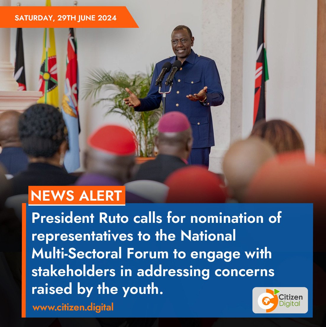 citizentvkenya's tweet photo. President Ruto calls for nomination of representatives to the National Multi-Sectoral Forum to engage with stakeholders in addressing concerns raised by the youth https://t.co/3MbmsTKBAE