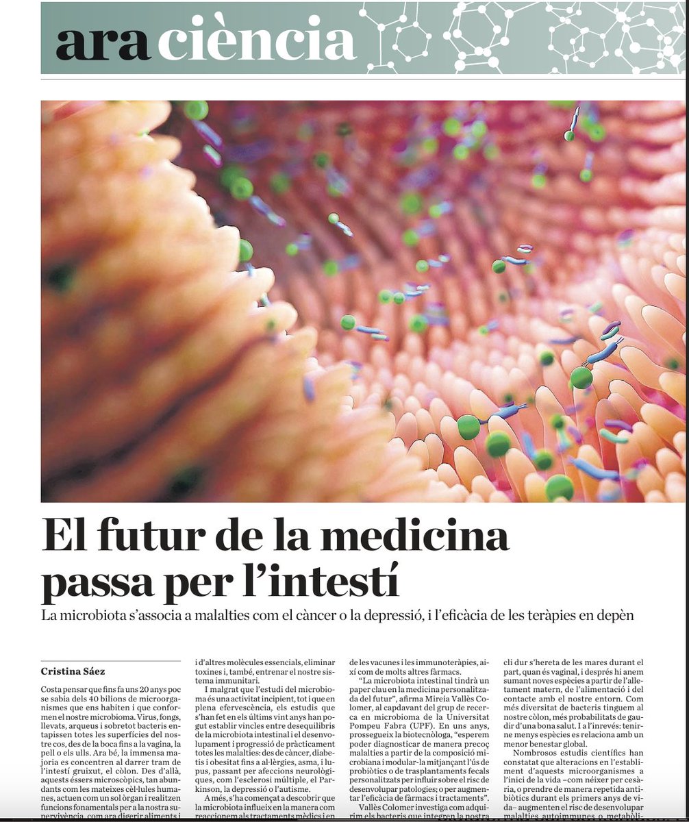 Avui una vegada més parlo de la meva estimada #microbiota a l'<a href="/diariARA/">diariARA</a>, perquè la medicina personalitzada del futur passa pels bacteris intestinals. Des del diagnòstic precoç a predir l'eficàcia dels tractaments. Gràcies @RutgerWalls <a href="/MireiaVallesc/">Mireia Valles-Colomer</a> <a href="/IrsiCaixa/">IrsiCaixa</a> per la vostra ajuda