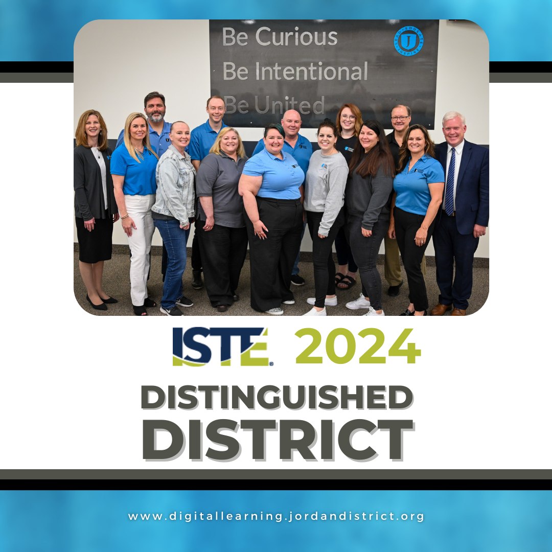 Earlier this week our hard work was recoginized at JSD was awarded the ISTE Distinguished District Award for 2024.  This is such a HUGE recognition for the tremendous efforts of Jordan and all the other amazing edtech/technology departments throughout Utah.