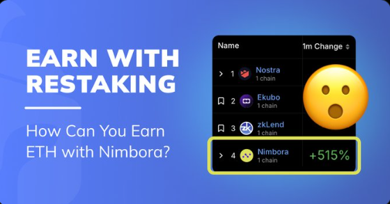 <a href="/Nimbora_/">Nimbora</a>  está em ascensão na starnet! nimbora teve um aumento de mais de 500% em seu TVL nos últimos 30 dias, nimbora é um dapp de restake com rendimento de  ate 45% com seu ETH.
