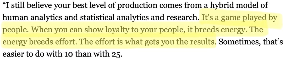 As data and information gains importance (and it is), the competitive advantage will ALWAYS come in the form of the HUMAN BEING that filters, connects, and makes it actionable.

People->Loyalty->Energy->Effort->RESULTS

Blurb from <a href="/ClintHurdle13/">Clint Hurdle</a> below..