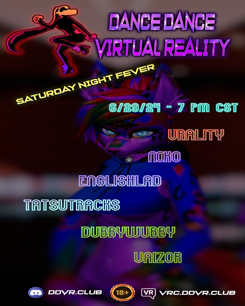 DanceDanceVR (@club_ddvr) on Twitter photo DDVR Saturday Night dropping the bass in #VRChat!
6/29 Lineup - Times in US Central
7 PM - <a href="/vralitymusic/">VRALITY</a>
8 PM - <a href="/DjNoK0/">Noko</a>
9 PM - @DJEnglishLad
10 PM - <a href="/TatsuTracks/">TatsuTracks</a>
11 PM - <a href="/DubbyWubby_/">DubbyWubby</a>
12 PM - <a href="/vaizormusic/">vaizor</a>
💜Discord: ddvr.club - 😽VRCG: vrc.ddvr.club DDVR Saturday Night dropping the bass in #VRChat!
6/29 Lineup - Times in US Central
7 PM - <a href="/vralitymusic/">VRALITY</a>
8 PM - <a href="/DjNoK0/">Noko</a>
9 PM - @DJEnglishLad
10 PM - <a href="/TatsuTracks/">TatsuTracks</a>
11 PM - <a href="/DubbyWubby_/">DubbyWubby</a>
12 PM - <a href="/vaizormusic/">vaizor</a>
💜Discord: ddvr.club - 😽VRCG: vrc.ddvr.club