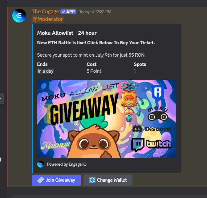 maismau's tweet image. 🗨️ Discord members, get ready!  
(discord.gg/cKWkKWPq)
More engagement, more chances to win! 📷  ENGAGE is up ..  24 hour window. 
Winner should DM me with name + Wallet (NO RNS) within 2 hours. 

RT and Follow here on X .. if you enjoy this type of promos.

@Moku_HQ