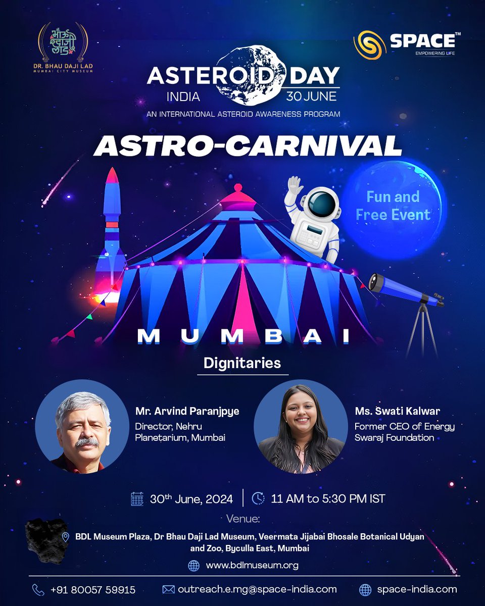 Spacian's tweet photo. Delighted to announce the esteemed dignitaries joining us at our upcoming Astro-Carnival on #AsteroidDay, Mr. @a_paranjpye and Ms. @SwatiKalwar. Their presence will undoubtedly elevate our #Carnival at @BDLMuseum 

Check the 🧵 below for an intro of our esteemed guests

#Mumbai https://t.co/YMljhFZU0E