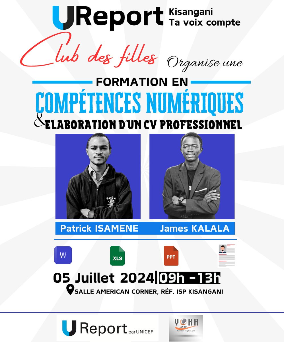 Le 5 juillet prochain, j'aurai le privilège d'animer une session de formation en logiciels de bureau organisée par le Club des Filles U-Report Kisangani. 

#Kisangani #WomenEmpowerment #ureportrdc