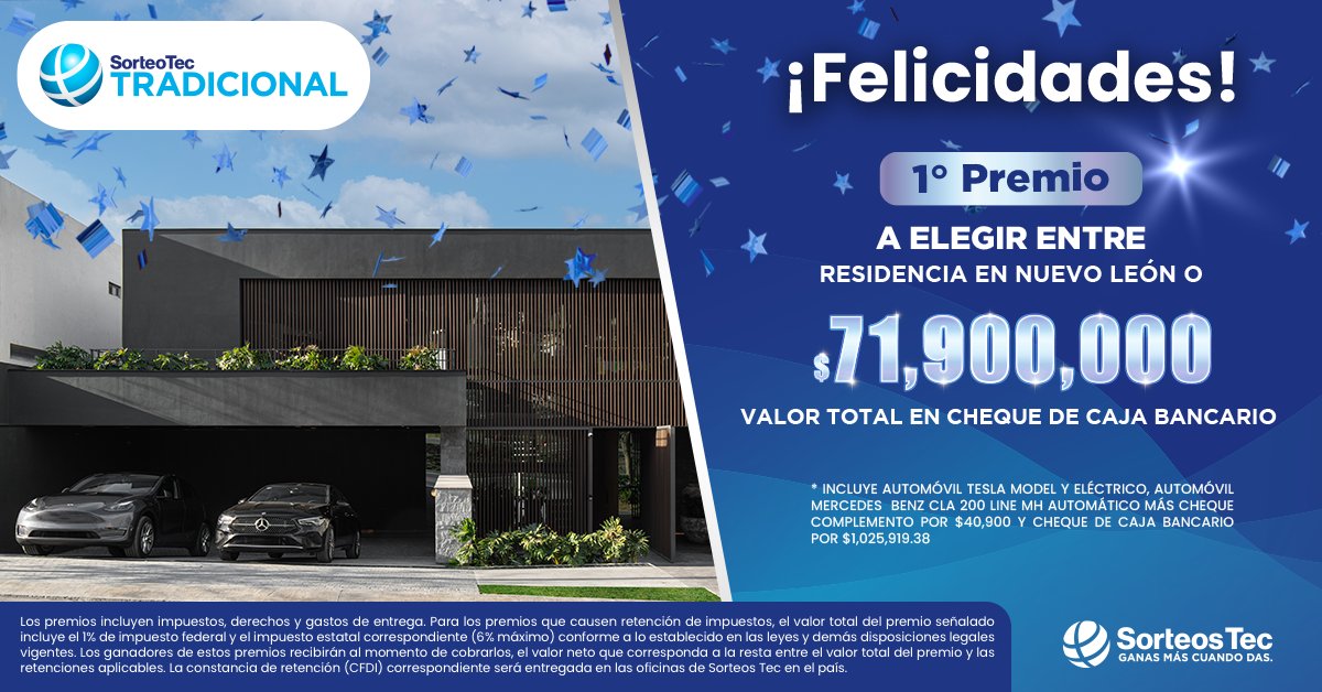 SorteosTec's tweet photo. 🌟 ¡Felicidades, MARIA! 🤩 Ganaste el 1° premio del 216º #SorteoTradicional con el boleto 141670. Disfruta de la vida eligiendo entre una Residencia en Nuevo León o el valor total del premio por $71,900,000 ¡Celebra tu buena suerte! 🎉🏡 https://t.co/k9HFQQc5K6