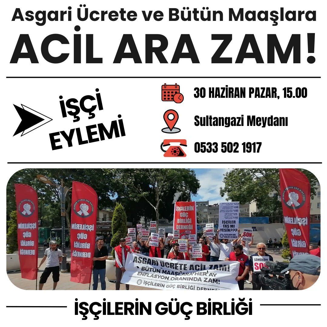 Hatırlatma:

Asgari ücrete ve bütün maaşlara ACİL ARA ZAM! için YARIN 15.00'te İŞÇİ EYLEMİMİZDEYİZ

Bakanlar kendi maaşlarına on binlerce lira zam yaparken asgari ücret ve işçi maaşlarının yerinde sayması kabul edilemez.

Hakkımızı almak için herkesi mücadeleye davet ediyoruz!