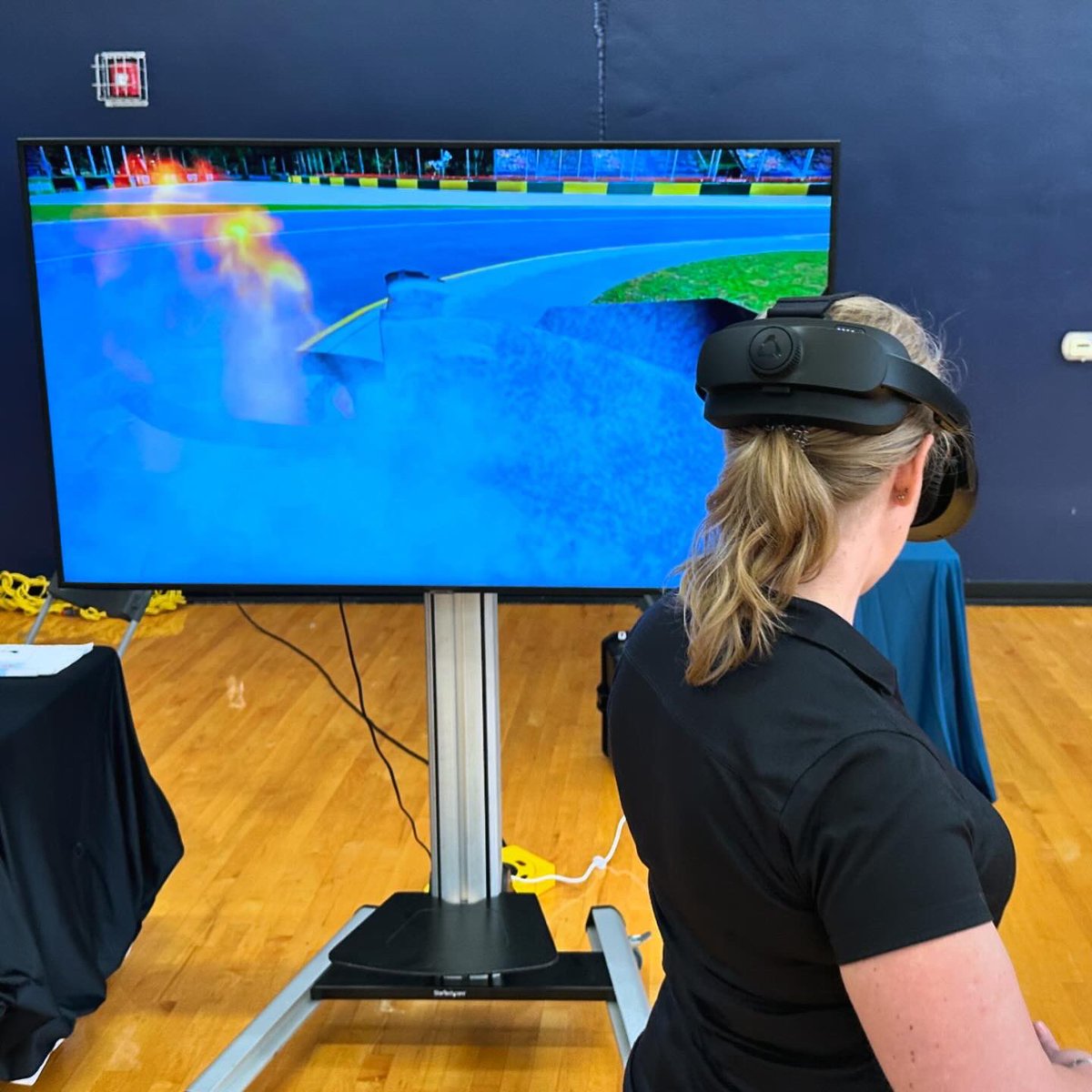 DrCheveralls's tweet photo. After a year with @raleighncfire they’re finally letting me put out (virtual) fires 🔥 Having a blast helping Lt Hubbard show off our new VR Fire Extinguisher Prop at the @RaleighGov Big Ideas 💡 City Connect Series today. https://t.co/YscR0yJuG6