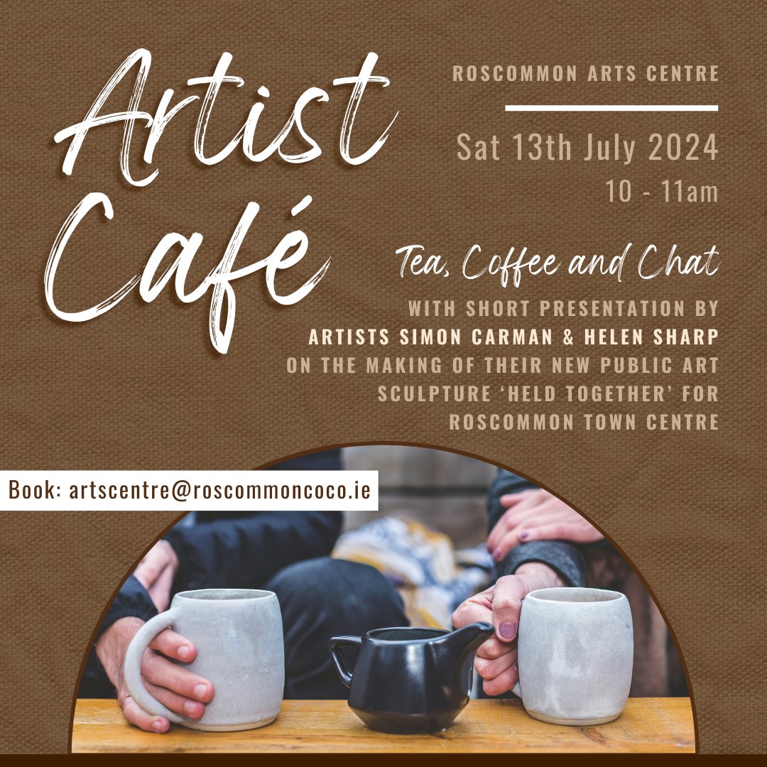 Roscommon ArtsCentre (@rosartscentre) on Twitter photo Our next Artist Café will be held 10 – 11am, Saturday 13th of July at Roscommon Arts Centre.
To register, contact Roscommon Arts Centre on 090 662 5824 or at artscentre@roscommoncoco.ie
#Roscommon #Arts #ArtsCentre #Artist Our next Artist Café will be held 10 – 11am, Saturday 13th of July at Roscommon Arts Centre.
To register, contact Roscommon Arts Centre on 090 662 5824 or at artscentre@roscommoncoco.ie
#Roscommon #Arts #ArtsCentre #Artist