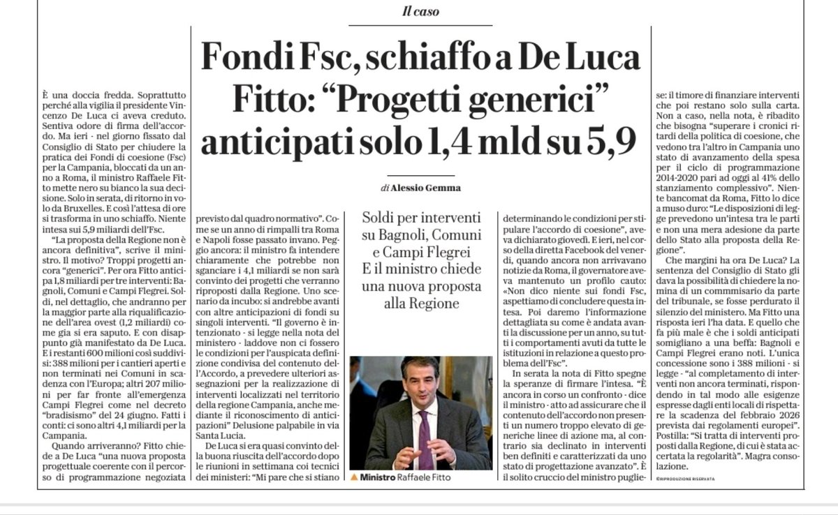 PROVE DI AUTONOMIA DIFFERENZIATA.

È evidente il vergognoso ricatto del ministro FITTO nei riguardi di una regione “nemica” del governo. 
Somo le.orove generali del MINISTRO PER LA COESIONE DEL NORD x l'autonomia differenziata.