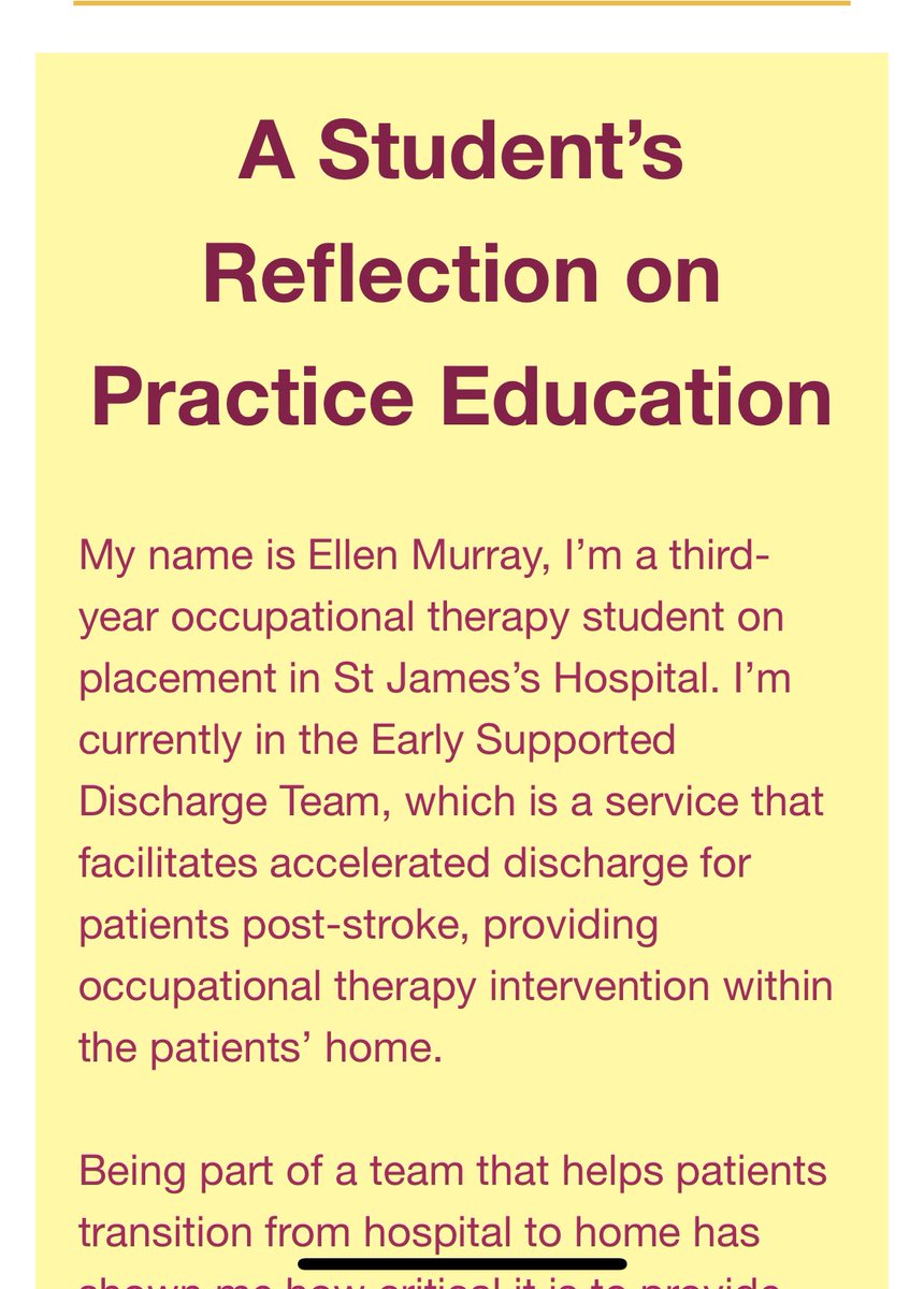 TCD OT (@tcd_ot) on Twitter photo Congratulations to our Discipline undergraduate student Ellen Murray.
This piece in the <a href="/AOTInews/">Association of Occupational Therapists of Ireland</a> newsletter shares personal perspectives of her practice education experience & highlights the value of placement as part of learning and preparing students for qualification. Congratulations to our Discipline undergraduate student Ellen Murray.
This piece in the <a href="/AOTInews/">Association of Occupational Therapists of Ireland</a> newsletter shares personal perspectives of her practice education experience & highlights the value of placement as part of learning and preparing students for qualification.