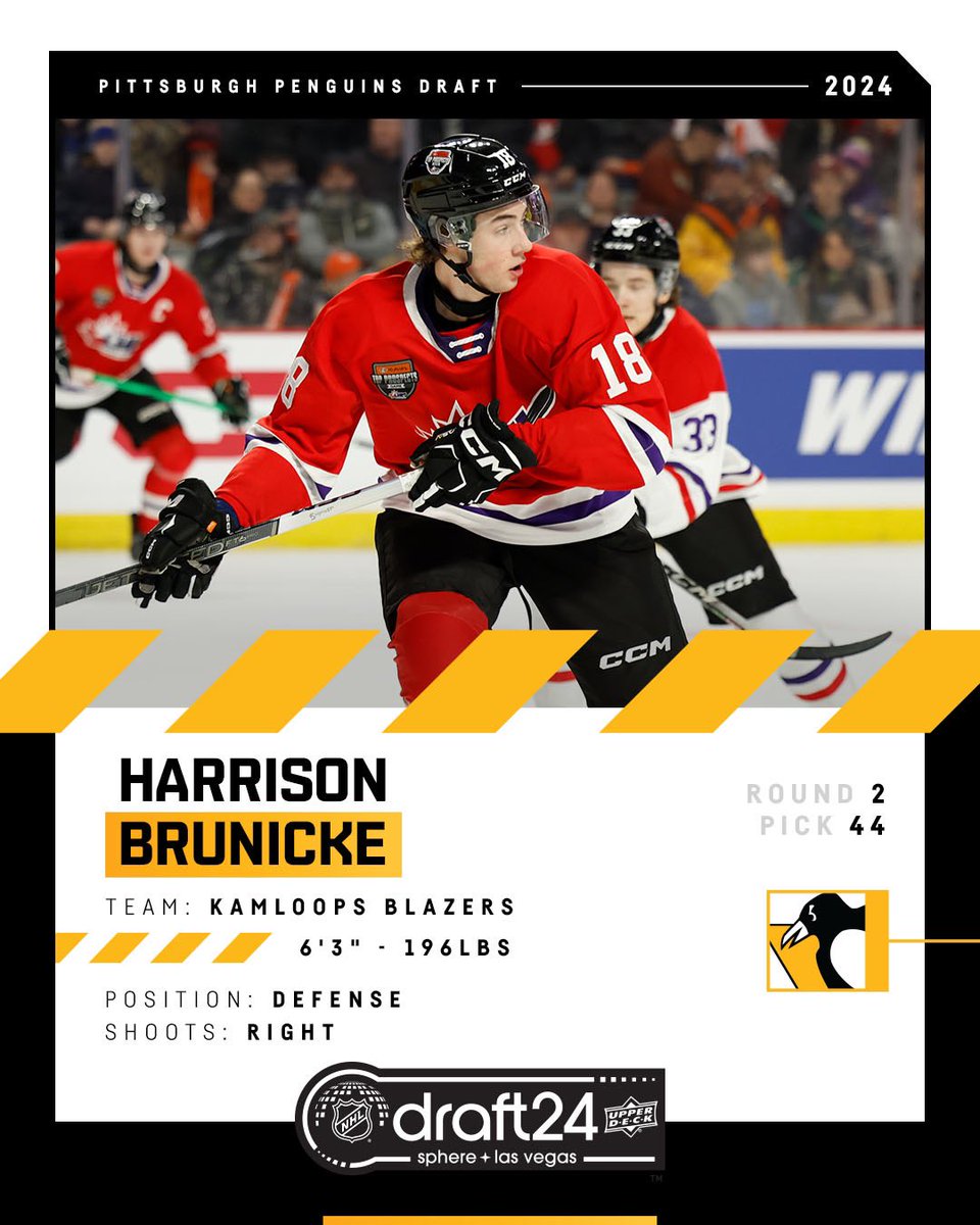 With the 12th pick in the second round of the 2024 #NHLDraft, the Pittsburgh Penguins select defenseman, Harrison Brunicke. Welcome to Pittsburgh!