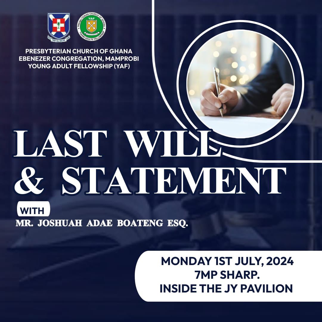 ecm_yaf's tweet photo. YAF...🙌🏼
Everything is within your power, and your power is within you.

Join us coming Monday July 1, 2024  on our program dubbed: *LAST WILL AND STATEMENT*
SPECIAL GUEST: MR. JOSHUA ADDAE BOATENG ESQ.
TIME: 7pm Sharp 

It’s going to be worth your time, BE THERE!!!!👌🏼
#presby https://t.co/eyEgNY0y3b