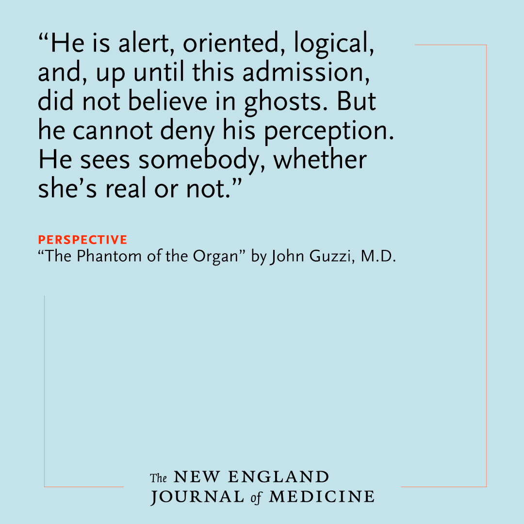 NEJM's tweet photo. When the recipient of a deceased-donor liver transplant awakens after surgery, he sees a ghostly but kindly figure in his room, and her description matches that of the organ donor. Read the full Perspective by @GuzziMD: https://t.co/fEWrvke1gG https://t.co/GrasMctnwY