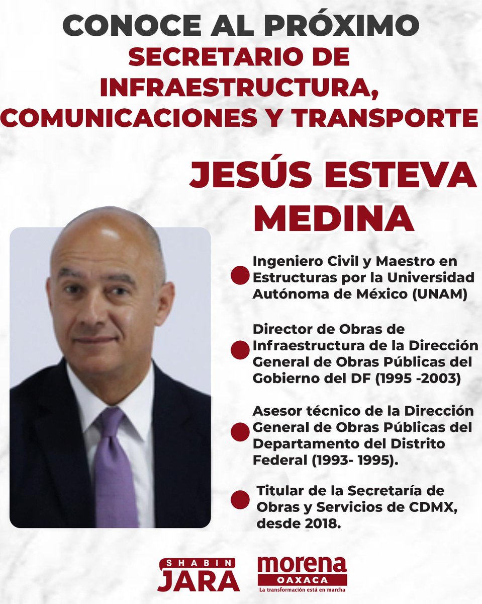 Nuestra Presidenta electa ya ha presentado a parte de su equipo que dará continuidad a la #CuartaTransformación

Conoce a Jesús Esteva Medina, próximo Secretario de Infraestructura Comunicaciones y Transporte.