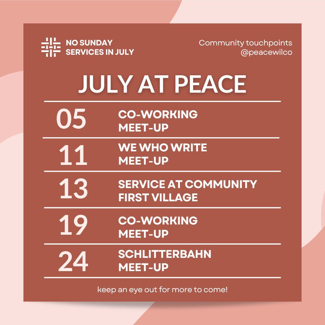 ✨Last✨ reminder (of June) that we will not have any Sunday Morning gatherings in July. We will have the above opportunities to connect, so get them on your calendar now if you haven't yet, and stay tuned here for details as they get closer.