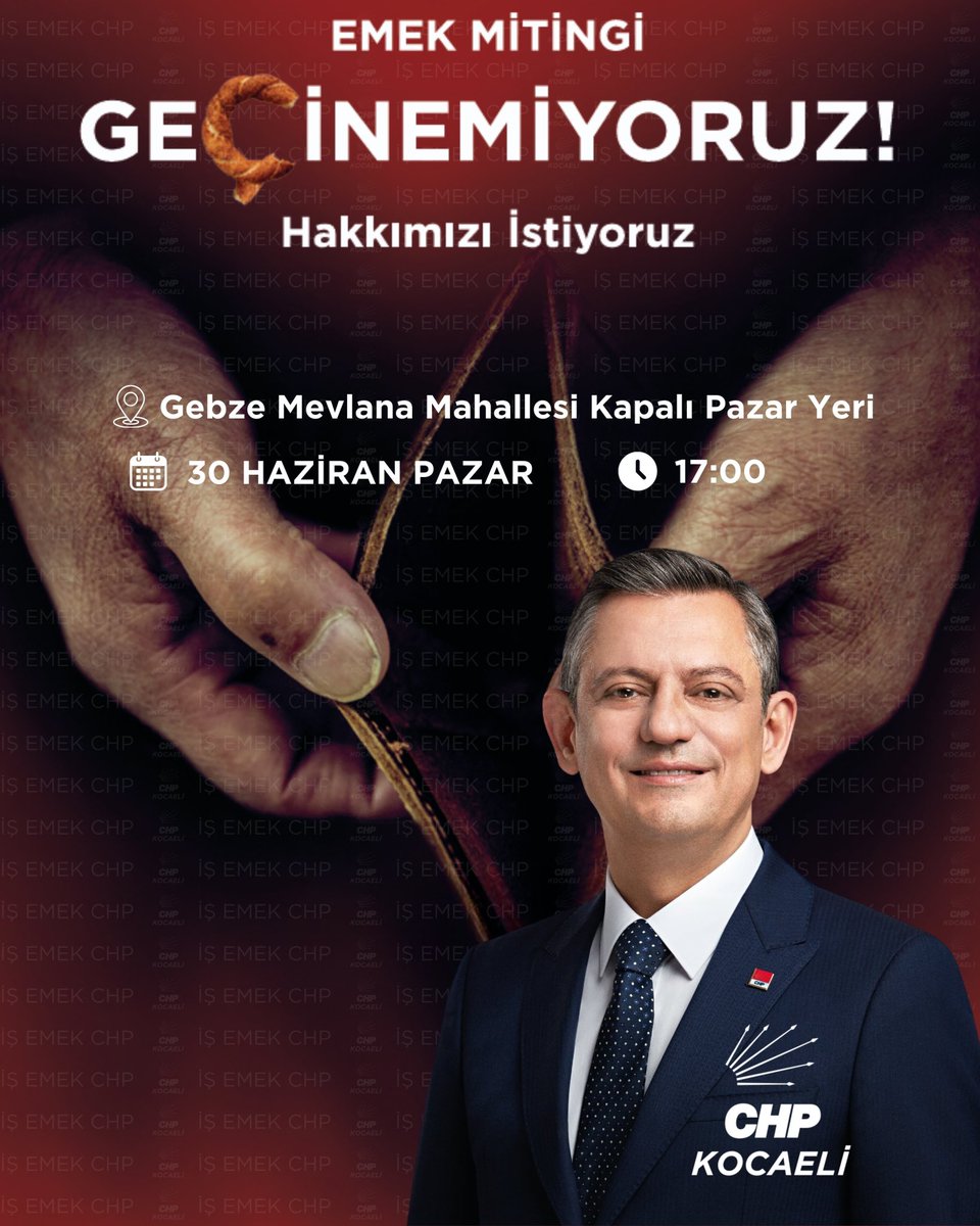Yarın saat 17.00’da, Gebze Mevlana Kapalı Pazaryeri’nde gerçekleştireceğimiz mitinginize tüm vatandaşlarımızı bekliyoruz. 

#Geçinemiyoruz