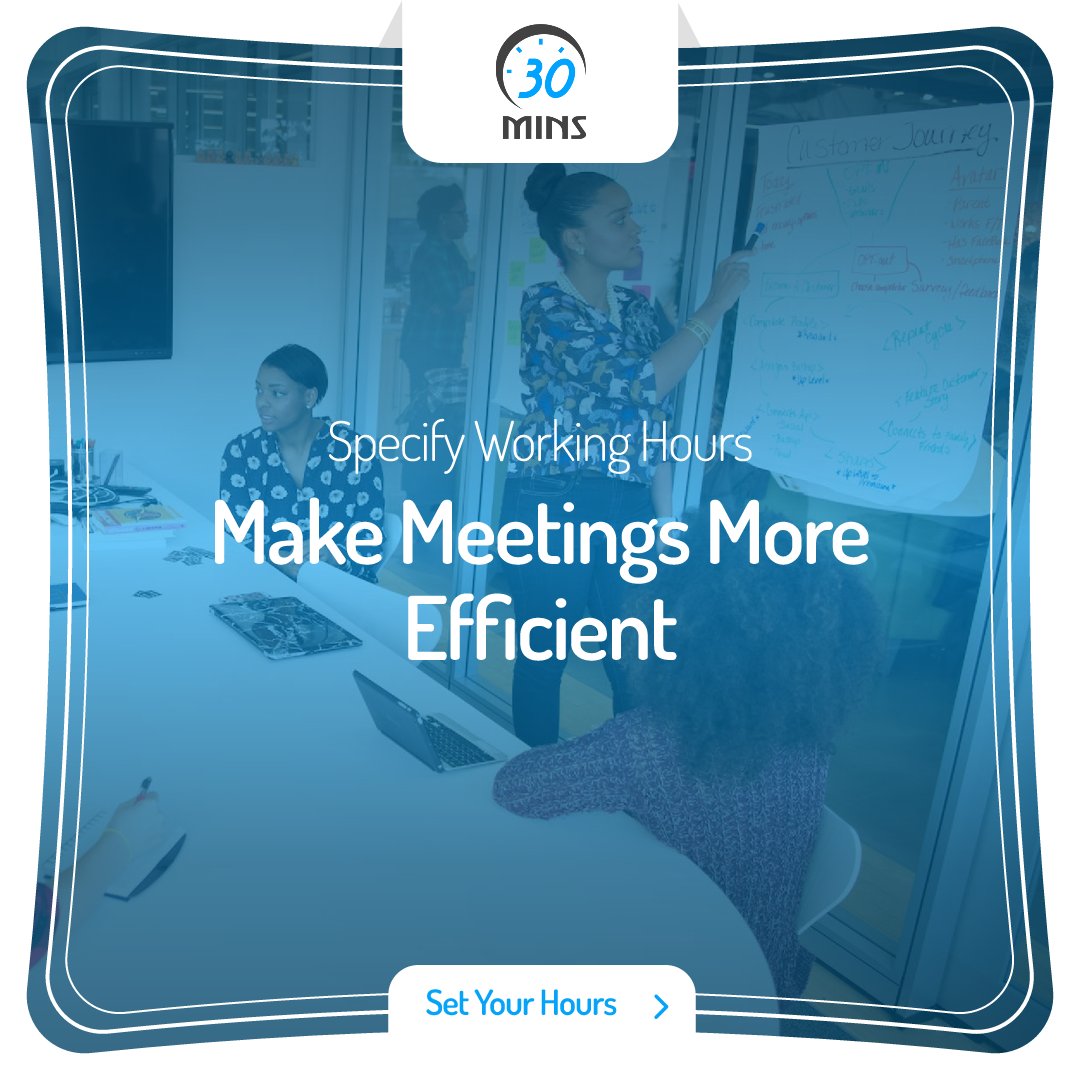 Now you can specify your working hours, so that meetings will be scheduled in that particular time only. Sign up today: 30mins.com/signup
#specify #workinghours #meetings #schedule