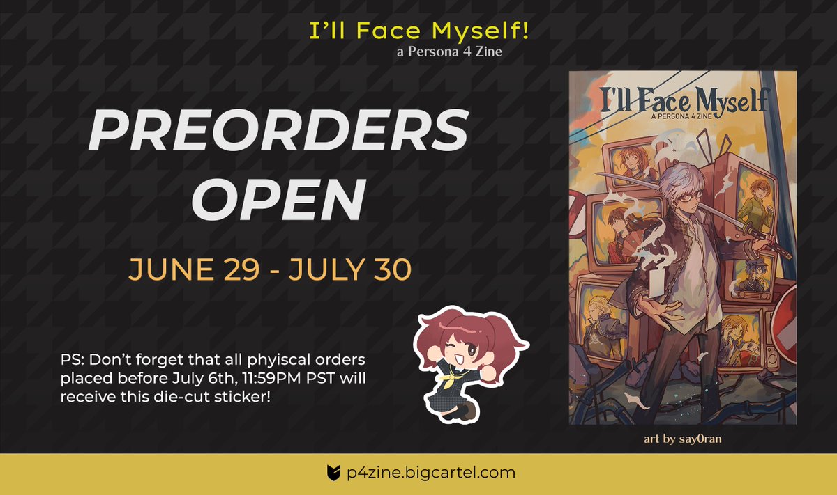 p4_zine's tweet photo. PREORDERS OPEN ⚡ 

The wait is over! The shop for I'LL FACE MYSELF: Persona 4 Zine is now officially open! Please read below for all of our bundle information ⬇️ 

🛒:  https://t.co/zxOCPgwrz1 https://t.co/5ThUs1Utkq