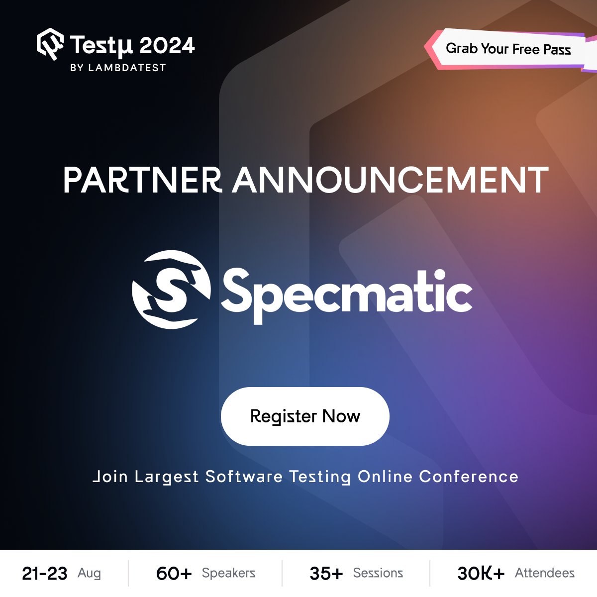 Drumrolls, please!🥁🥁
Announcing <a href="/specmatic/">Specmatic</a> as the partner for #TestMuConf 2024 🔗 bit.ly/testmuconf_2024

Visit Specmatic's virtual booth to chat with their experts on Contract-driven Development and more. Also, get your hands on some intriguing freebies.🎁

#Conference