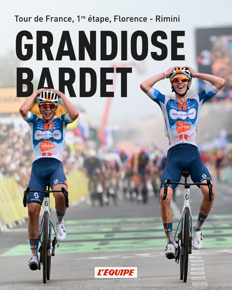 lequipe's tweet photo. Romain Bardet a levé les bras au bout du suspense, au terme de la 1re étape du Tour de France, reliant Florence à Rimini. La quatrième victoire d'étape sur le Tour du Français, qui portera pour la première fois de sa carrière le maillot jaune, https://t.co/fB17zADXbx #TDF2024 https://t.co/wC5ATRyLIv