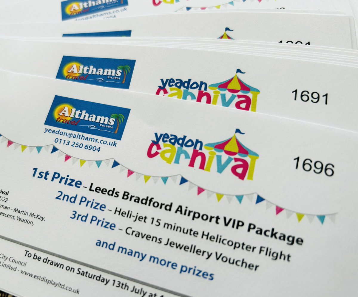 *RAFFLE TICKETS NOW ON SALE* 
£1 each, top prize a VIP Experience courtesy of Leeds Bradford Airport! Tickets available at the following local venues:
THE WHITE SWAN
ALTHAMS TRAVEL
SWEET SCOOP
NEW COLLECTION
YEADON CRICKET CLUB
Please use cash🤞😎