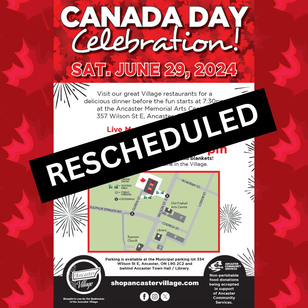Unfortunately, our Canada Day celebration and drone show is being RESCHEDULED due to thunderstorms this evening. Please stay tuned for a new date! #HamOnt #Ancaster