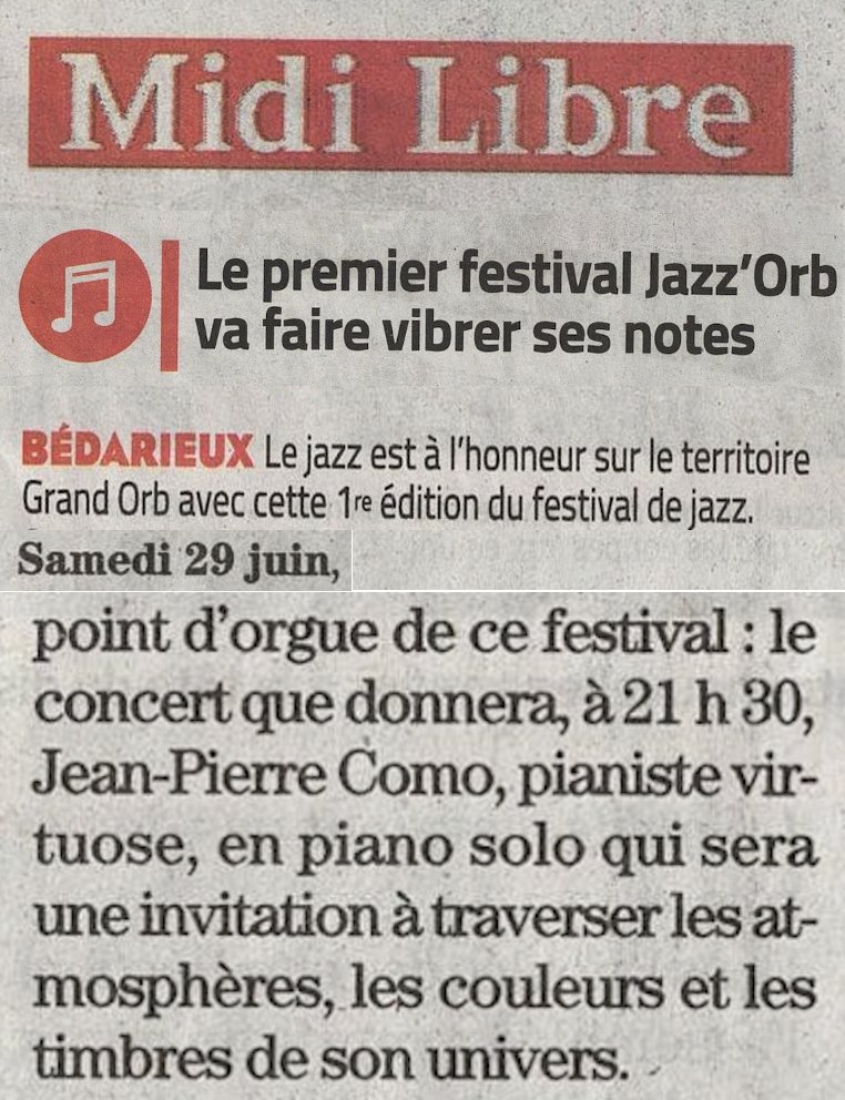 C'est ce soir ! Merci <a href="/Midilibre/">Midi Libre</a> : concert au festival Jazz Orb, salle La Tuilerie en piano solo ! Merci à la super équipe du festival &amp; ville de Bédarieux ! #piano #solo #live #livemusic #Jazz #jazzpianist #pianoplayer #Steinway #jeanpierrecomo #concert #inspiration #Spirit #son
