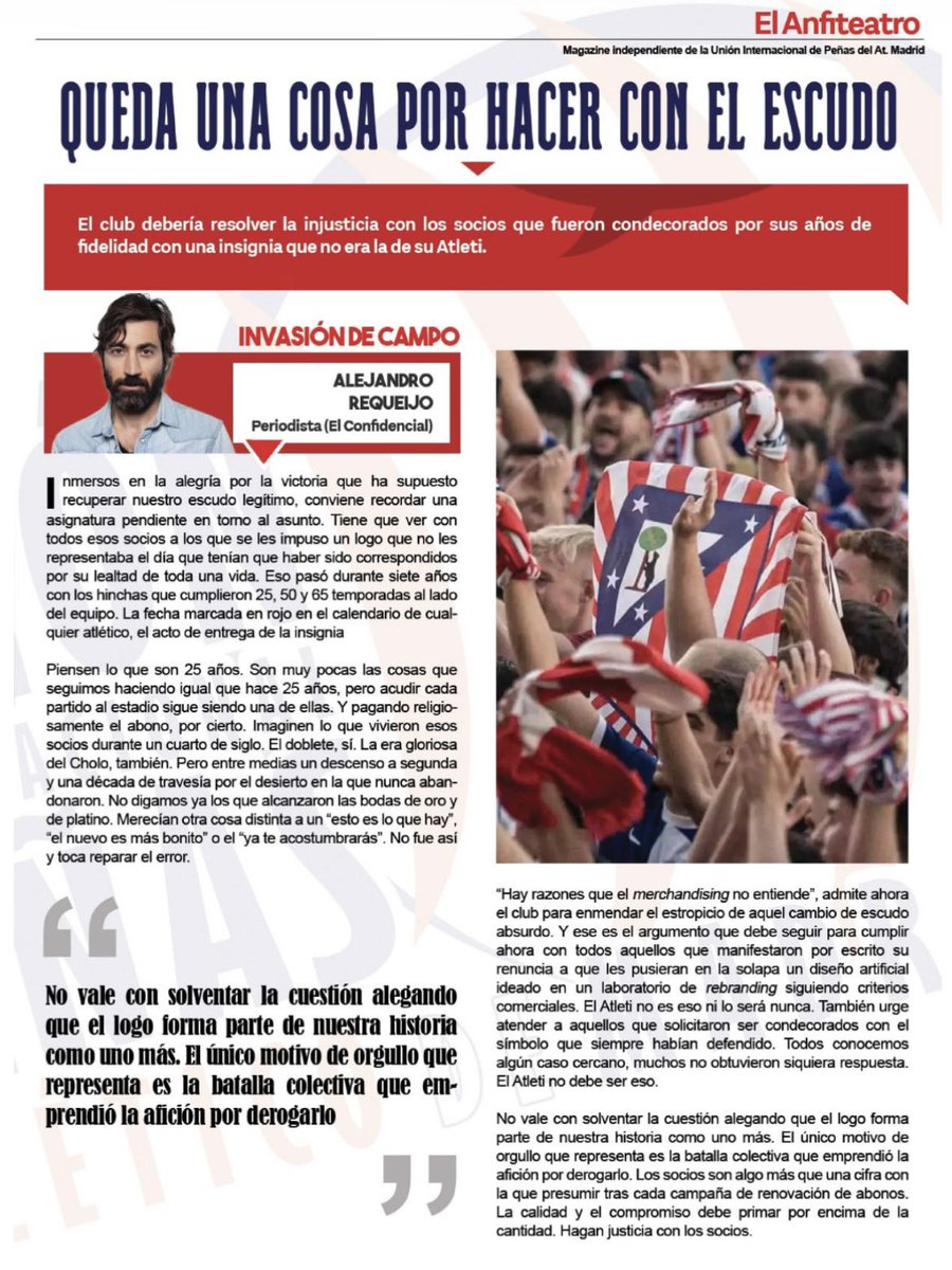 Alejandro Requeijo (@alex_requeijo) on Twitter photo Queda una cosa por hacer con el escudo
El club debería resolver la injusticia cometida con los socios que fueron condecorados tras una vida de fidelidad con una insignia que no era la de su <a href="/Atleti/">Atlético de Madrid</a> Queda una cosa por hacer con el escudo
El club debería resolver la injusticia cometida con los socios que fueron condecorados tras una vida de fidelidad con una insignia que no era la de su <a href="/Atleti/">Atlético de Madrid</a>