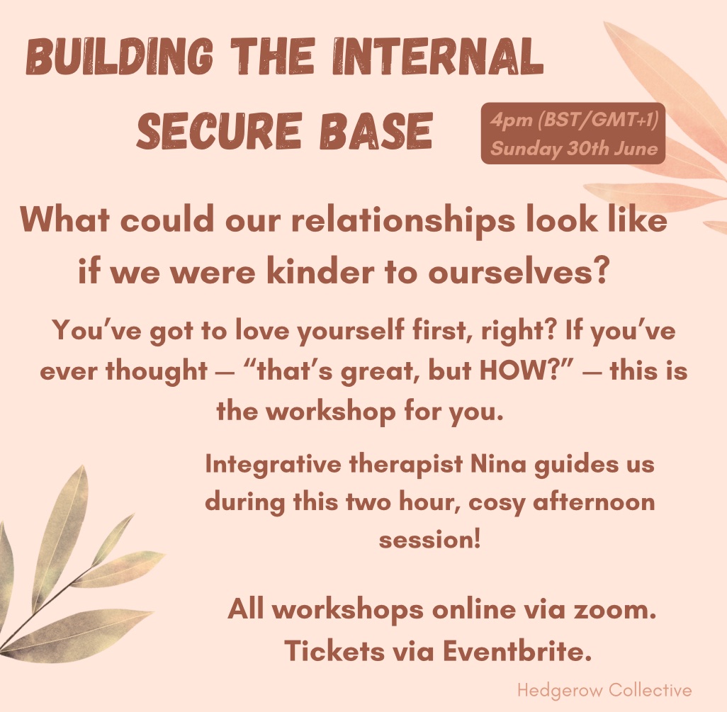 There are still some donation-based spaces left at our ‘Building the Internal Secure Base’ workshop tomorrow afternoon. This one is gonna be very cosy and uplifting. eventbrite.co.uk/e/reimagining-…