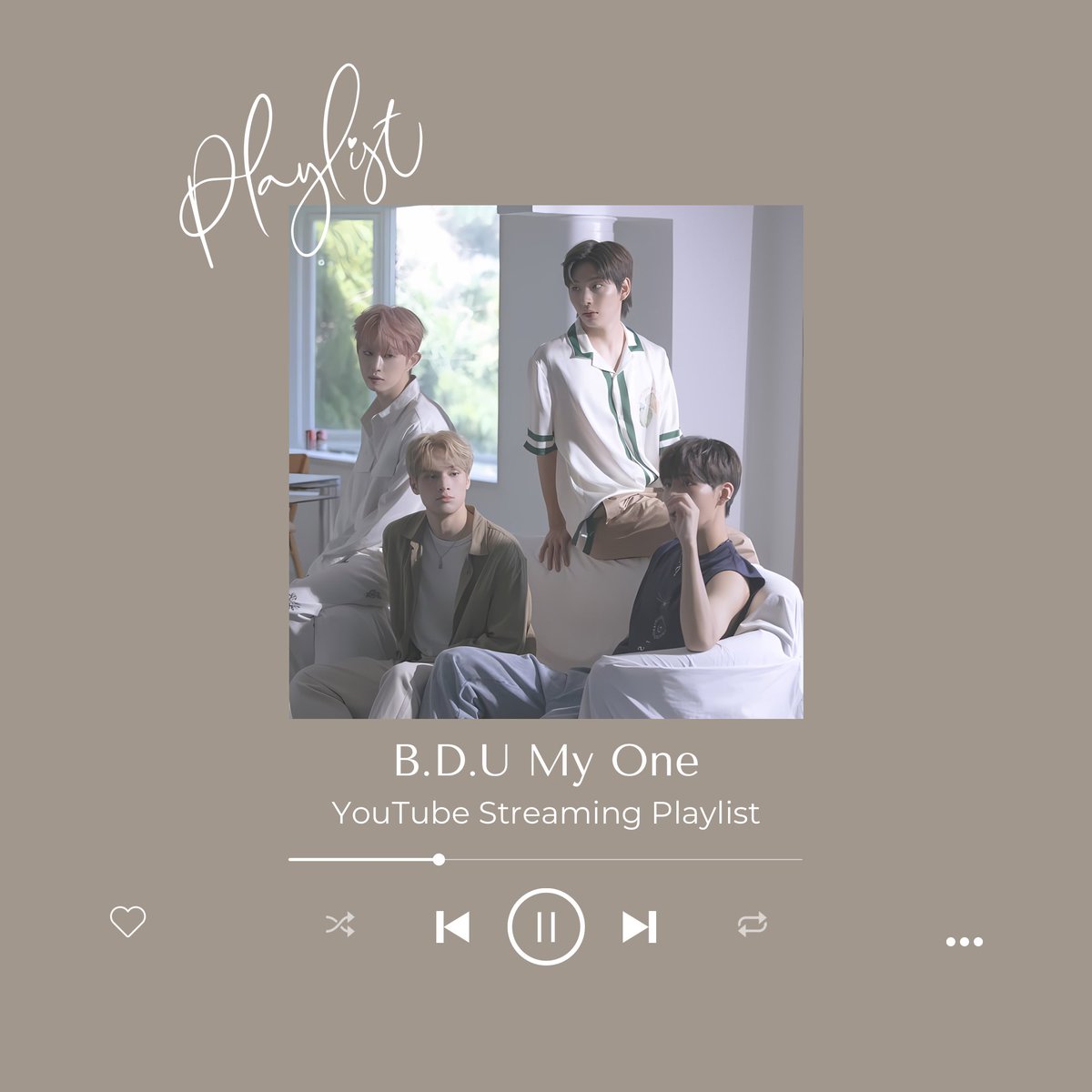 If anyone is interested I made my own B.D.U “My One” focused YouTube streaming playlist

It includes only B.D.U and Jay Chang videos and a little One Pact too.

Feel free to use it for streaming My One
🔗 youtube.com/playlist?list=…

#BDU #비디유 #Wishpool #MyOne