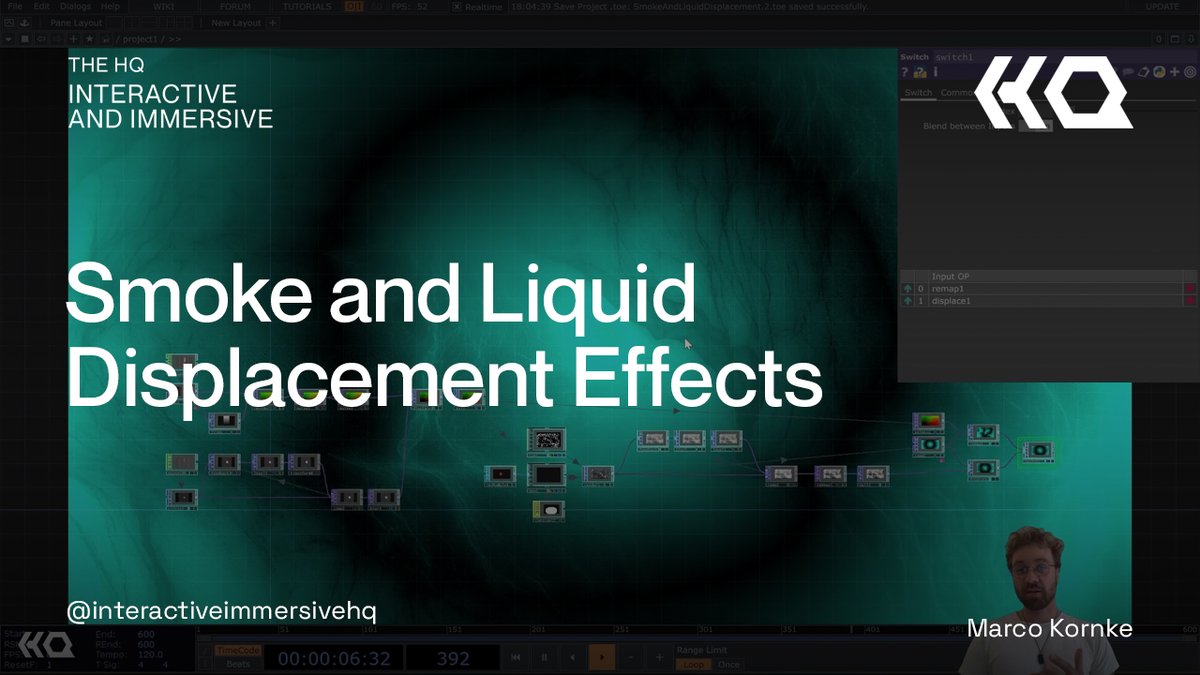 ImmersiveHq's tweet image. Enhance your #TouchDesigner visuals with a liquid-smoke effect using UV maps and DisplaceTOP + RemapTOP techniques in this tutorial: iihq.tv/4cKir4H
#interactiveimmersivehq #touchdesignertutorial @1null1