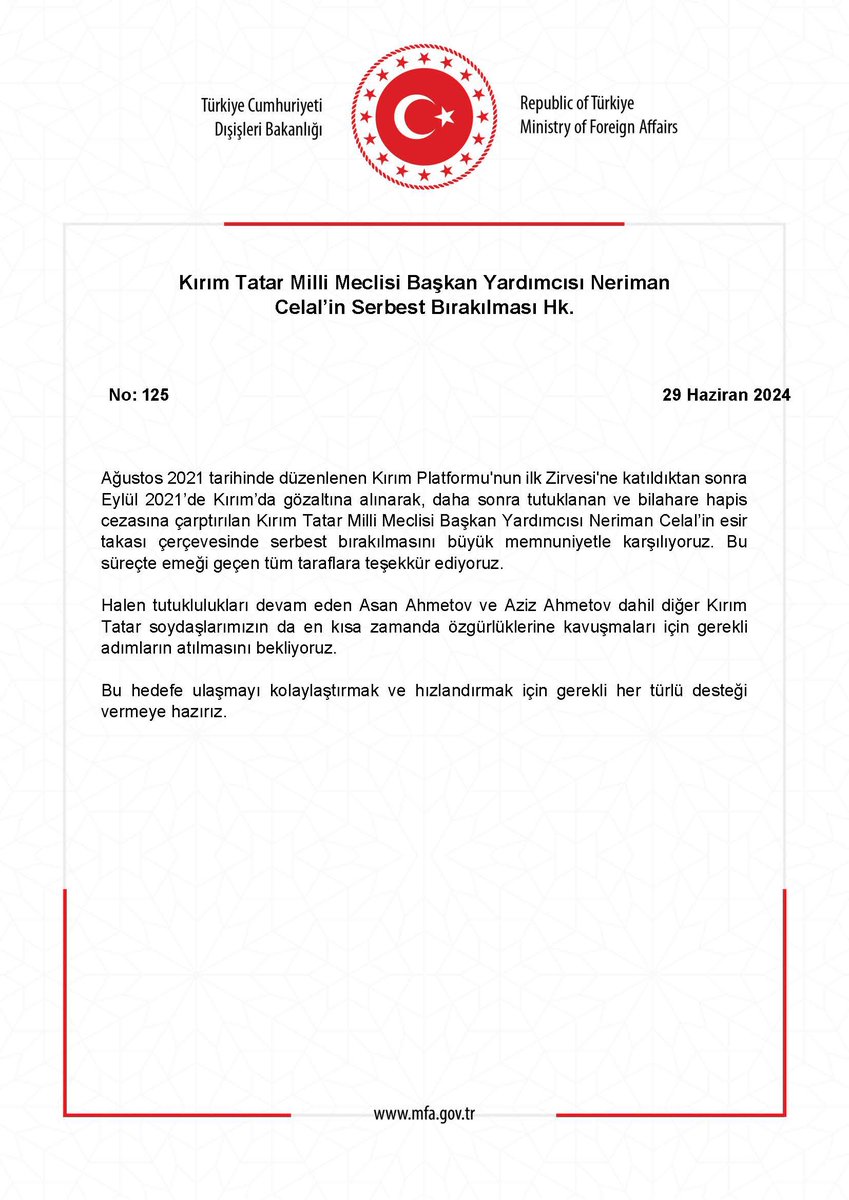 Kırım Tatar Milli Meclisi Başkan Yardımcısı Neriman Celal’in Serbest Bırakılması Hk. mfa.gov.tr/no_-125_-kirim…