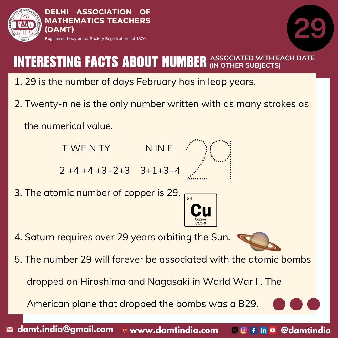A polygon sporting 29 sides goes by the names icosikaienneagon, enneacosagon, or nonacosagon—quite a mouthful!

The chances of being born on February 29th are a rare 1 in 1461.

Dive into the world of numbers with us. 
#StayTuned #GanitOdyssey #DAMTINDIA