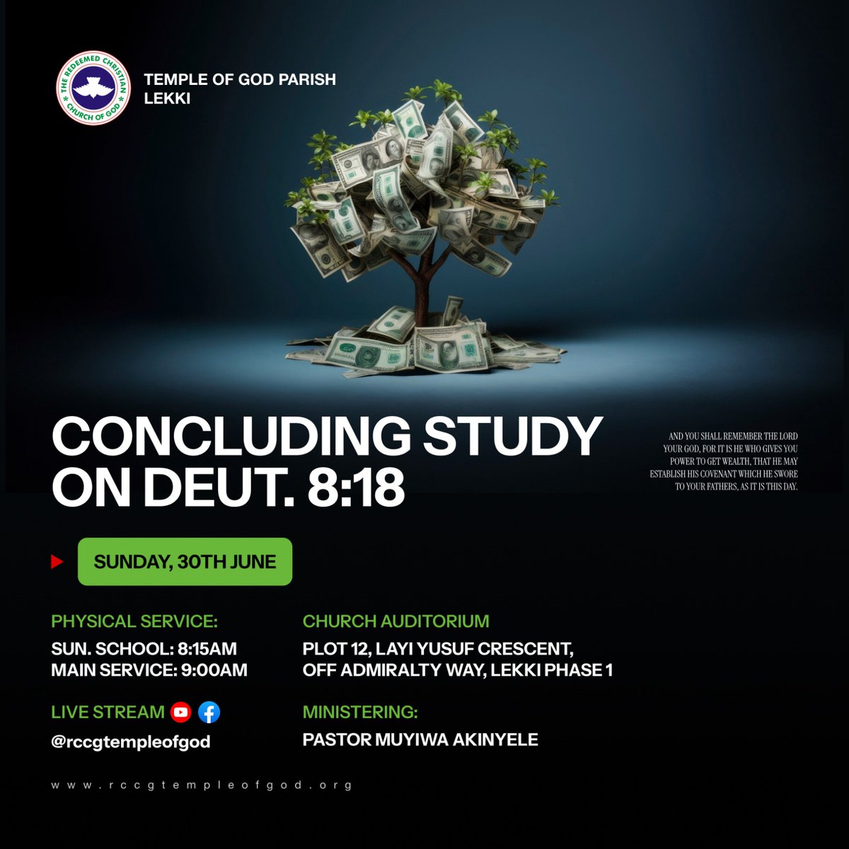 RccgTempleofGod's tweet photo. Connect with us tomorrow as we take a dive into the "Concluding Study On Deuteronomy 8 v. 18."

#SundayService #TOGService #RCCGTOGService #tog #rccgtog #rccgtempleofgod #templeofgod #togonline https://t.co/Hs4w83xOAJ