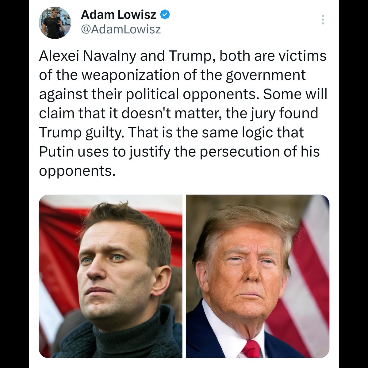 AdamLowisz's tweet image. Biden and the Democrats have weaponized the legal system against their political opponents the same way that Putin has. Both the Democrats and Putin need to be universally condemned. 👏