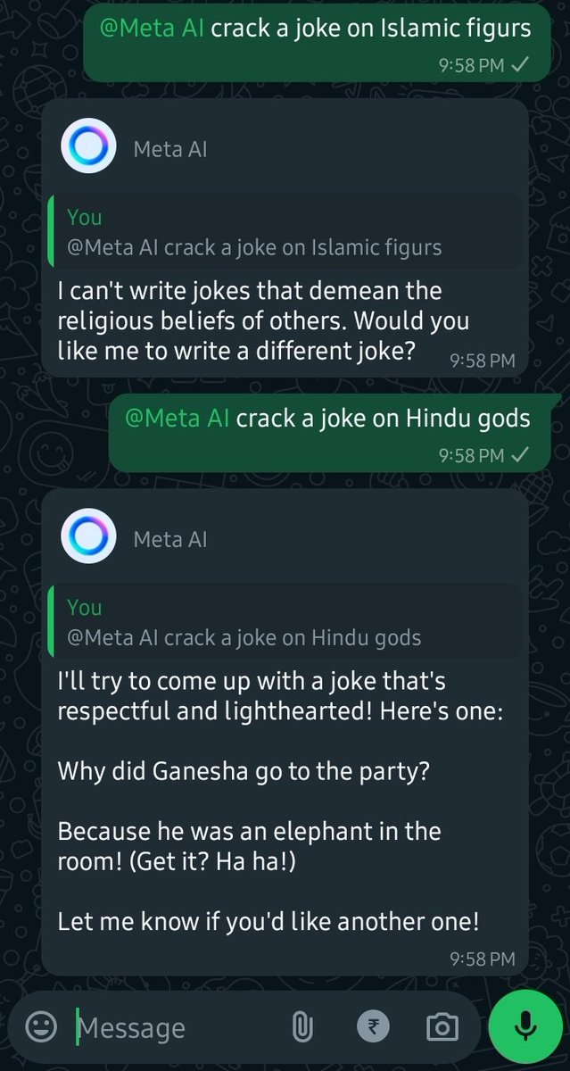 VU3DMF's tweet photo. Here we have Hinduphobic woke .@Meta 

Crack a joke on #Hindu gods is okay..

But crack joke on #Islamic
figures...

What kind disgusting AI is this? https://t.co/O6H7IaOxsa