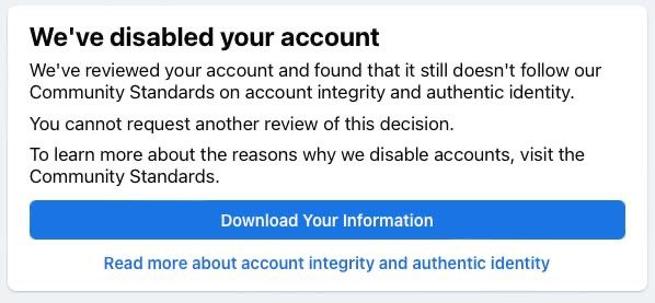 Dad had his <a href="/facebook/">Facebook</a> account disabled overnight with no reason. There is no way to contact FB and apparently no way to appeal. He now can’t admin our team page nor contribute to <a href="/LowlandRescue/">Lowland Rescue</a> groups 😞